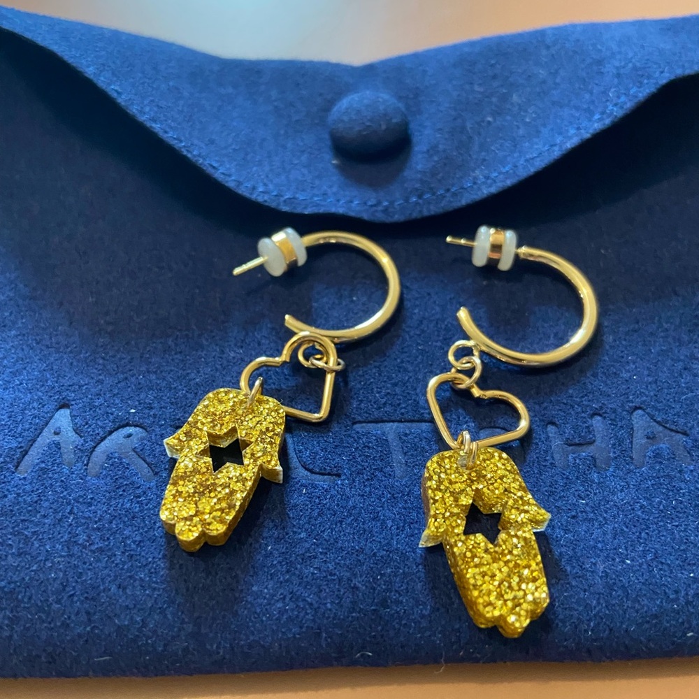 NEW Ariel Tidhar Judaica Hamsa Magen Sparkly Gold Hoop Earrings - Picture 4 of 4